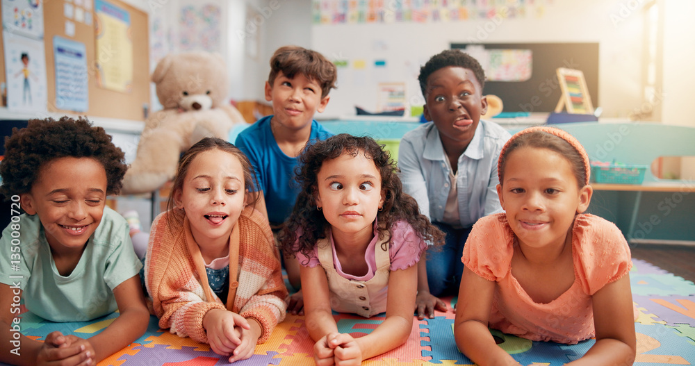 Children, group and portrait on floor in classroom, funny face and playful with diversity, education and game. School kids, happy and comic joke with friends, silly and smile for learning at academy Children, group and portrait on floor in classroom, funny face and playful with diversity, education and game. School kids, happy and comic joke with friends, silly and smile for learning at academy