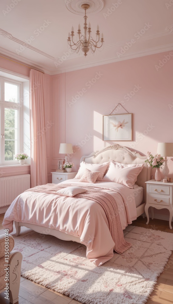 Fototapeta premium Cozy and Elegant Pink Bedroom with Natural Light and Soft Bedding