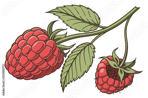 25 Hyper-realistic raspberry, 3D render, vibrant red color, high detail, macro photography, individual drupelets, glossy surface, green leaves, curved stem, white background, studio lighting, product 