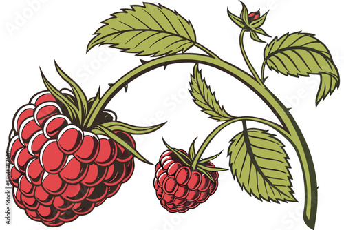 25 Hyper-realistic raspberry, 3D render, vibrant red color, high detail, macro photography, individual drupelets, glossy surface, green leaves, curved stem, white background, studio lighting, product 