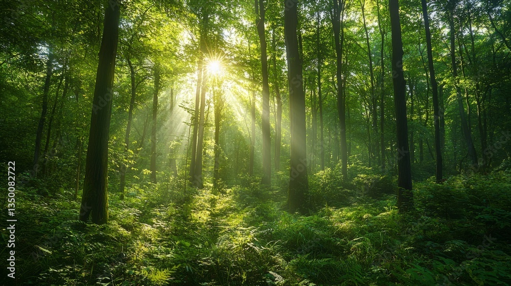 Obraz premium Sunlight Filtering Through Lush Green Forest in Beautiful Nature