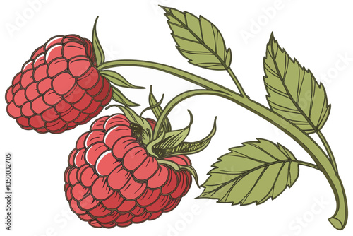 25 Hyper-realistic raspberry, 3D render, vibrant red color, high detail, macro photography, individual drupelets, glossy surface, green leaves, curved stem, white background, studio lighting, product 