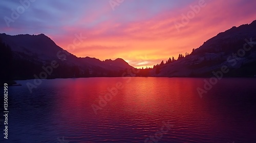 A serene sunset over a tranquil lake, surrounded by mountains and trees.