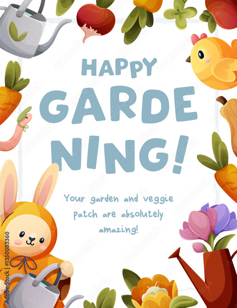 Fototapeta premium Gardening poster with a white background. Features cute vegetables and flowers, a bunny with a watering can, a chick, and happy gardening messages