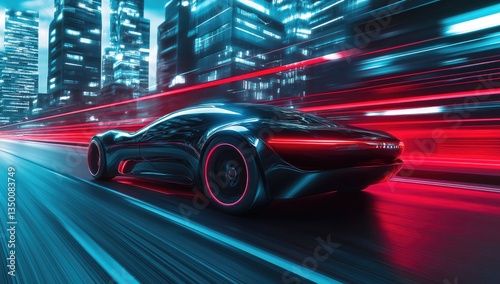 A futuristic electric car driving on the highway in front of tall buildings, with red and blue lighting effects, minimalism