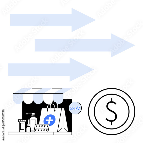 Arrows symbolizing efficiency, storefront with medical supplies, clock showing availability, and money icon. Ideal for healthcare, convenience, speed, cost technology business ecommerce. Flat