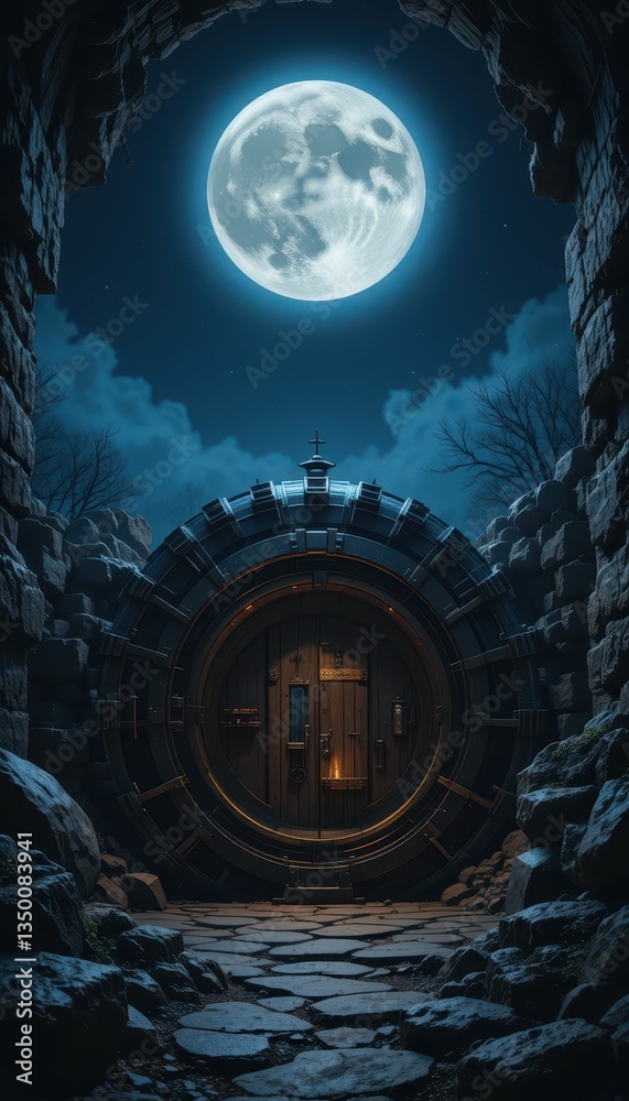 Fototapeta premium Enchanted Doorway Beneath Full Moon with Mystical Atmosphere