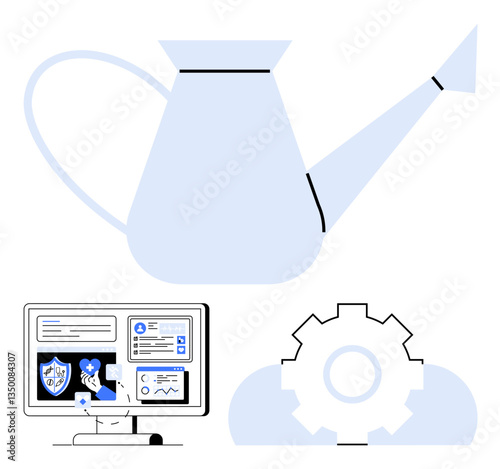 Watering can hovering over a computer with cybersecurity symbols and a cog in a cloud conveys nurturing digital progress, growth, data security, and innovation. Ideal for technology, data protection