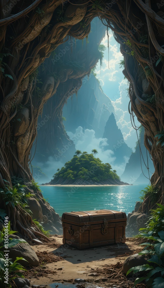 Fototapeta premium Hidden Treasure Chest in Lush Cave Overlooking Tropical Island