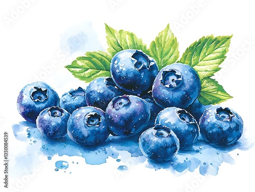 Fresh Blueberries Watercolor Illustration.