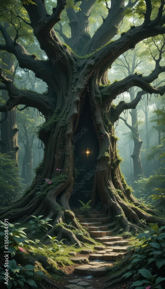 Naklejka premium Enchanted Forest with Giant Tree and Mystical Doorway Entrance