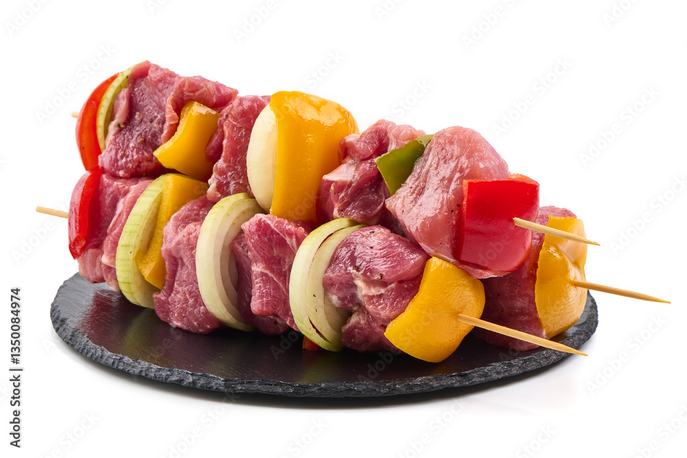 Raw Pork Skewers with Vegetables on Black Slate, Isolated on White Background. Raw Pork Skewers with Vegetables on Black Slate, Isolated on White Background.