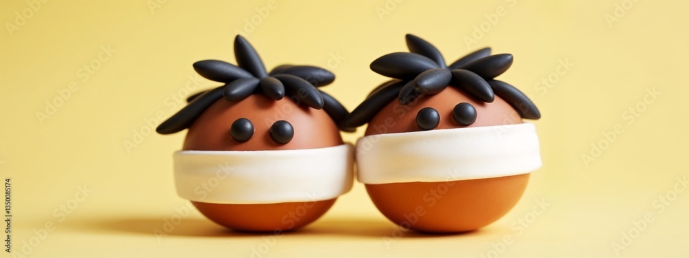 Fototapeta premium A close up of two chocolate Easter eggs wrapped in white tape.