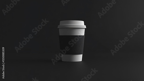 White disposable coffee cup with black sleeve on dark background.