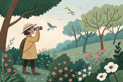 A character with binoculars, watching birds in the garden.