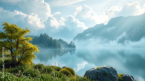 Serene lake in the mountains with fog and reflection, surrounded by trees and a peaceful landscape