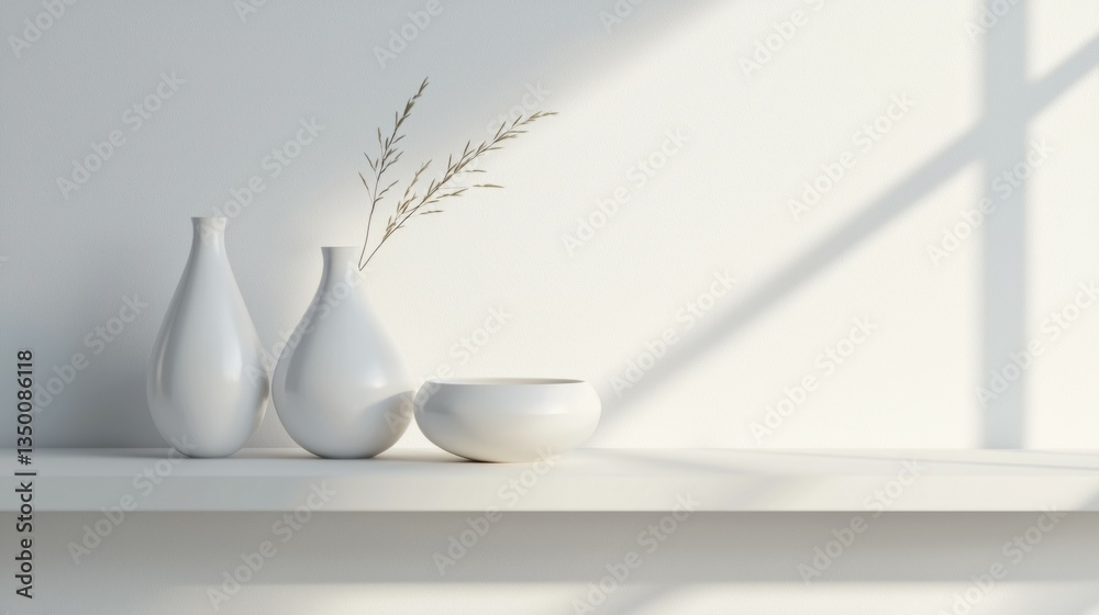 Minimalist White Vases with Greenery on Neutral Shelf Surface Minimalist White Vases with Greenery on Neutral Shelf Surface