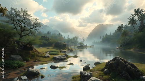 Beautiful sunrise over a river with a mountain lake in nature