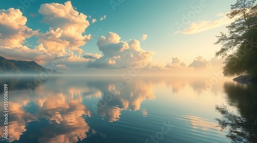 Sunset and sunrise over the lake with colorful sky and reflections