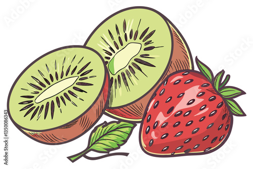 28 vibrant kiwi slices, juicy red strawberry, photorealistic fruit composition, white background, high-resolution detail, macro photography, fresh and appetizing, contrasting colors, healthy food imag