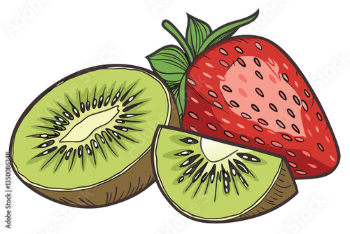 28 vibrant kiwi slices, juicy red strawberry, photorealistic fruit composition, white background, high-resolution detail, macro photography, fresh and appetizing, contrasting colors, healthy food imag