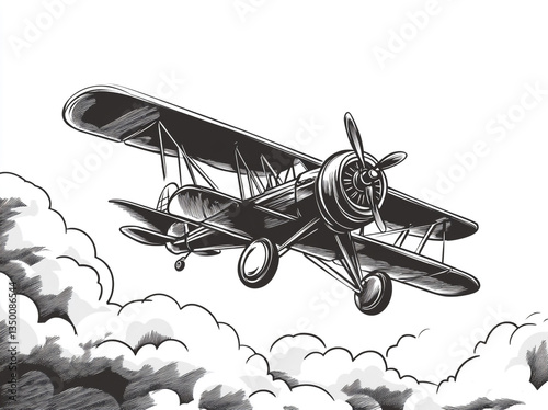 Illustration of a vintage biplane flying through clouds in a black and white drawing style