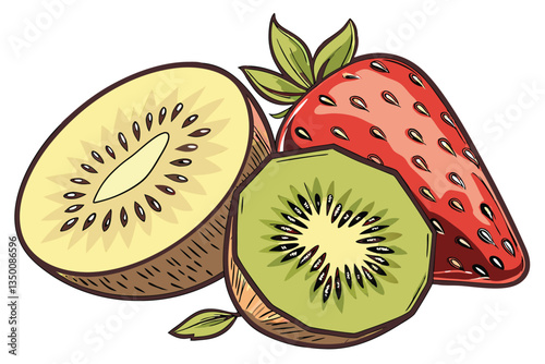 28 vibrant kiwi slices, juicy red strawberry, photorealistic fruit composition, white background, high-resolution detail, macro photography, fresh and appetizing, contrasting colors, healthy food imag