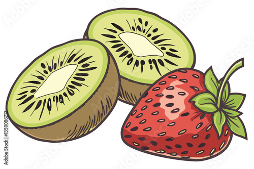 28 vibrant kiwi slices, juicy red strawberry, photorealistic fruit composition, white background, high-resolution detail, macro photography, fresh and appetizing, contrasting colors, healthy food imag