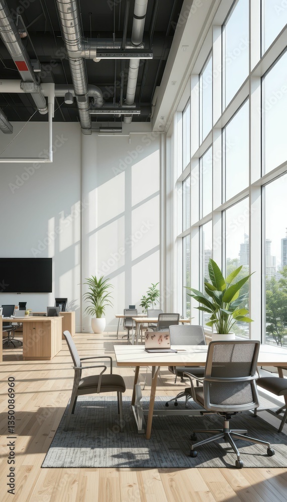 Fototapeta premium Bright and Modern Open Office Space with Large Windows and Greenery