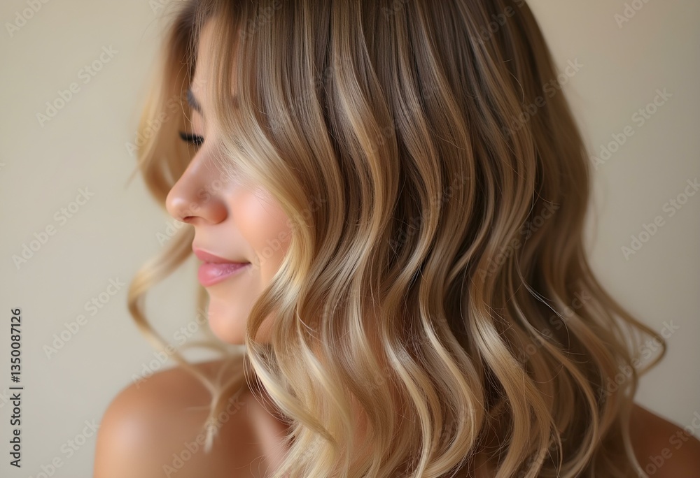 Blond hair close-up as a background. Women's long light brown hair. Beautifully styled wavy shiny curls. Hair coloring. Hairdressing procedures, extension. Blond hair close-up as a background. Women's long light brown hair. Beautifully styled wavy shiny curls. Hair coloring. Hairdressing procedures, extension.