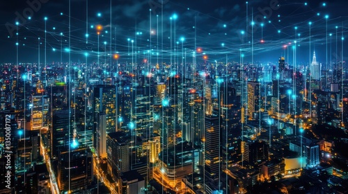 Wallpaper Mural Night city skyline connected by digital network. Aerial view. Use Stock photo Torontodigital.ca