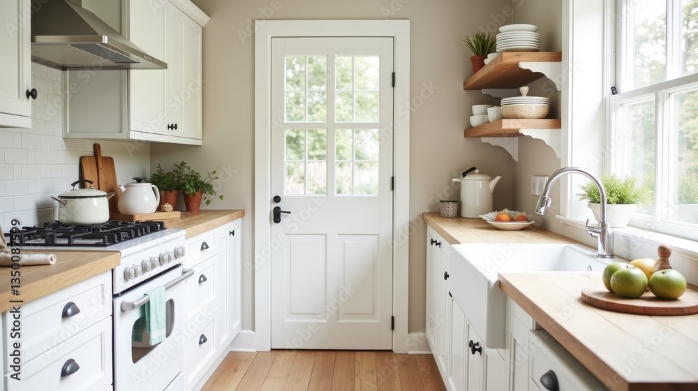 Fototapeta premium A farmhouse-style kitchen with white cabinets, rustic wooden countertops, and open shelving.