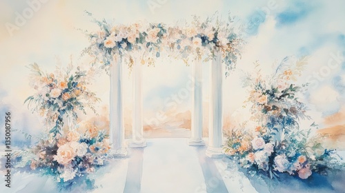 Watercolor painting of a floral wedding archway with white pillars and a pathway.