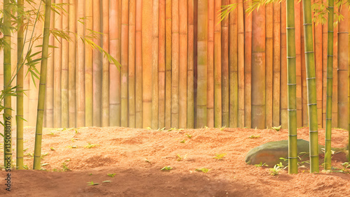 Tranquil bamboo forest with golden light filtering through the tall stalks