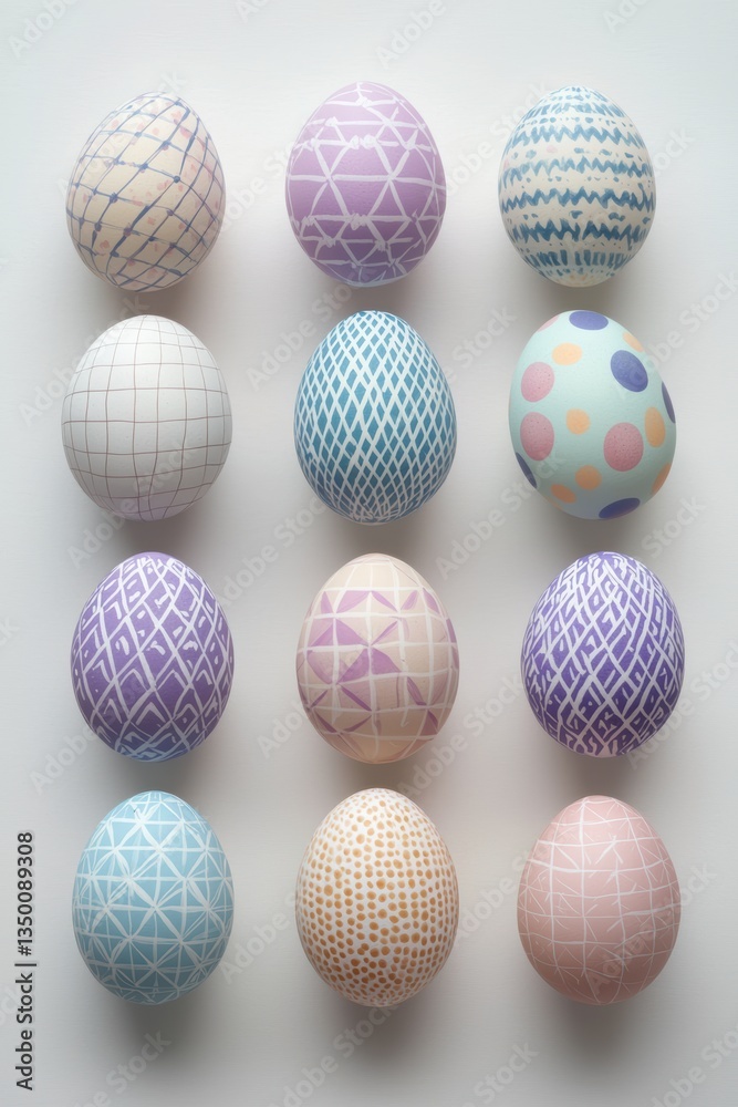 Pristine easter eggs displayed on white background with geometric patterns Pristine easter eggs displayed on white background with geometric patterns