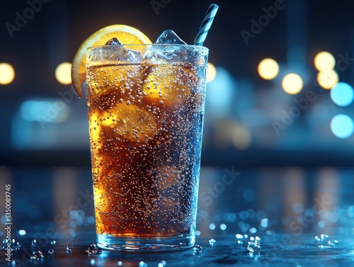 Refreshing cola drink with ice and a slice of lemon