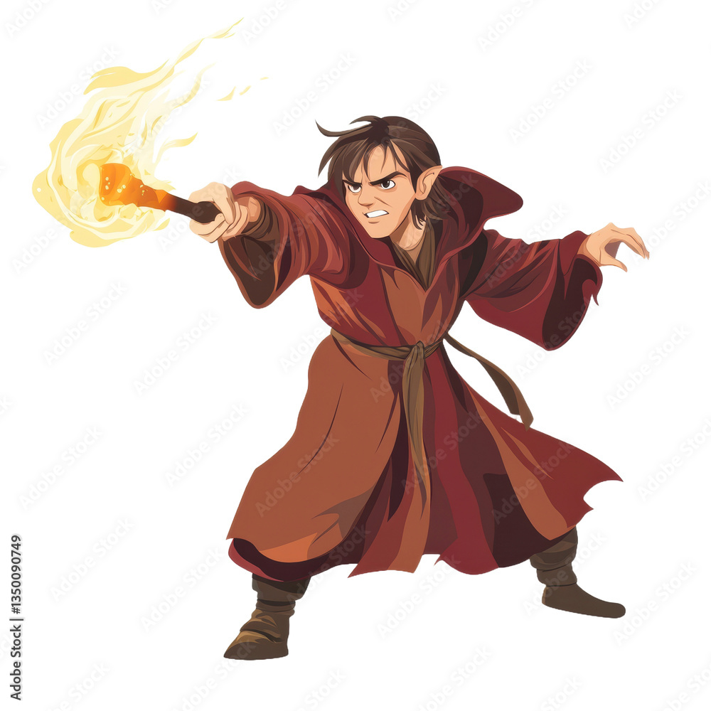 Young wizard casting fire spell with magic wand in action pose, colorful fantasy character illustration, ideal for posters, games, animations, and children's books Young wizard casting fire spell with magic wand in action pose, colorful fantasy character illustration, ideal for posters, games, animations, and children's books