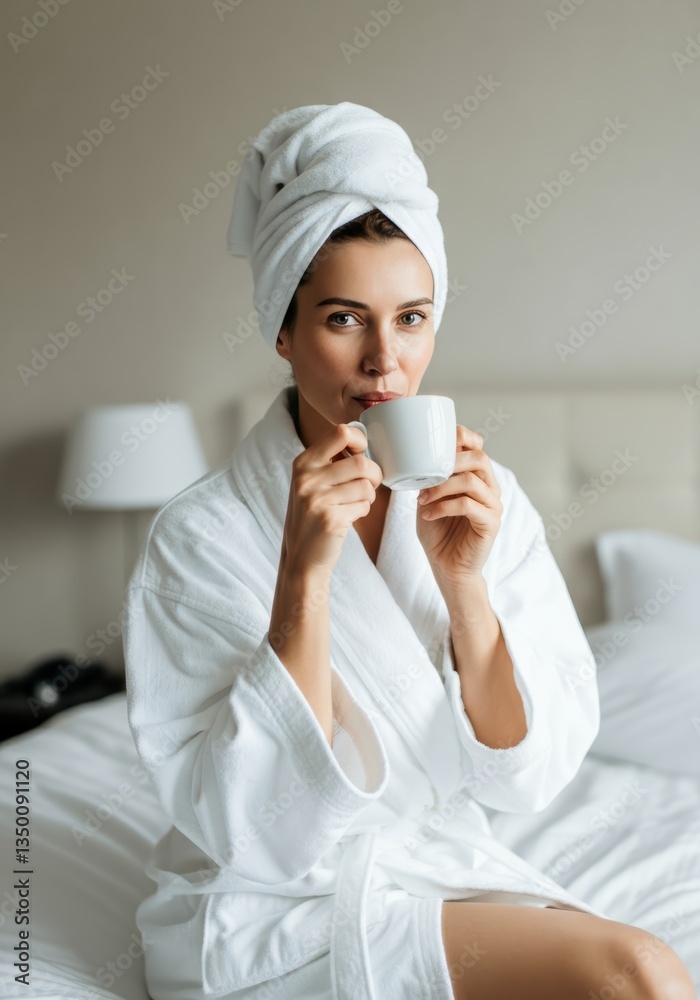Woman enjoying a warm cup of tea while relaxing in a cozy bathrobe Woman enjoying a warm cup of tea while relaxing in a cozy bathrobe