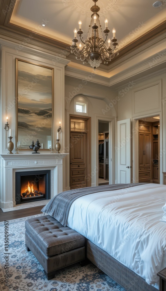 Fototapeta premium Elegant and Cozy Bedroom with Chandelier and Fireplace Design