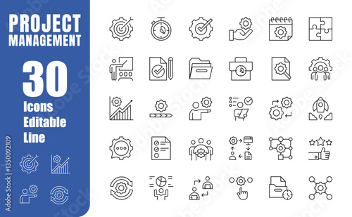 Set of editable project management icons. Tasks, planning, teams, administration, supervision and more. Modern-style vector illustration