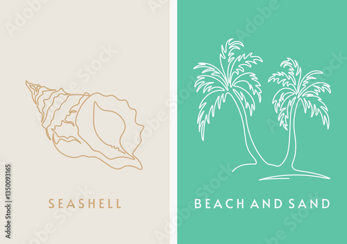 Hand drawn single continuous line logos. Line icons. Shell and palm tree drawing in one line. Simple minimalistic style. Vector templates. For tourism, vacation, travel.
