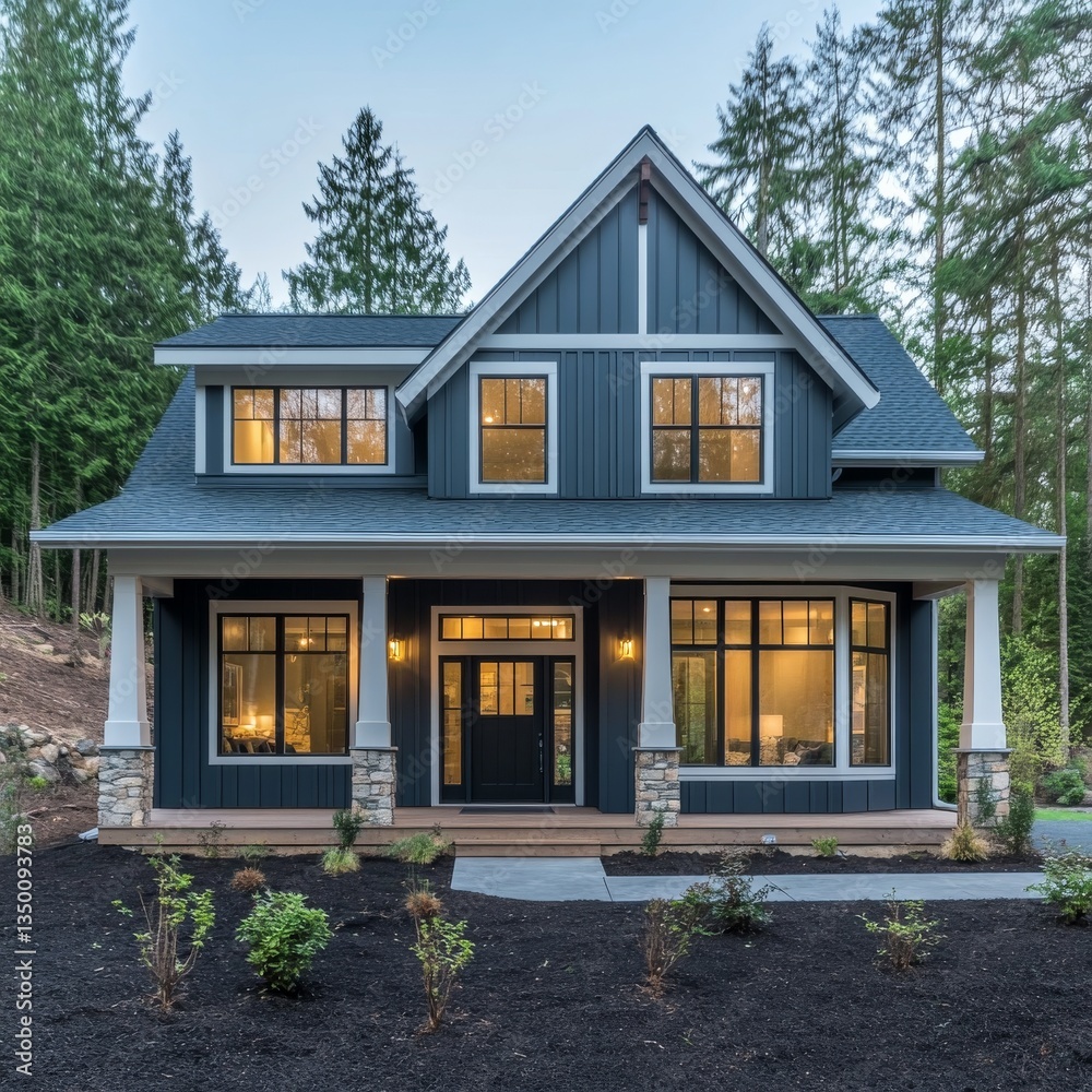 Elegant Home in a Forest Setting with Warm Interior Lights Inviting You Inside - A Beautiful Residential Estate. Elegant Home in a Forest Setting with Warm Interior Lights Inviting You Inside - A Beautiful Residential Estate.