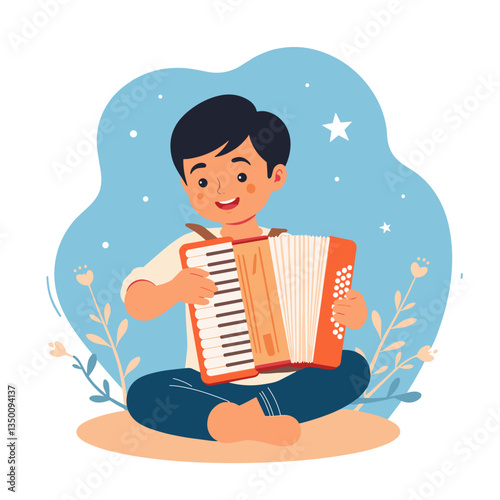 Child playing the accordion joyfully at home, a melody of happiness