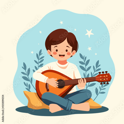 Child playing balalaika joyfully in a serene setting, music and happiness