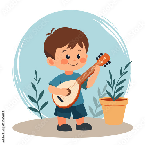 Child playing tambura joyfully at home, a symbol of creativity