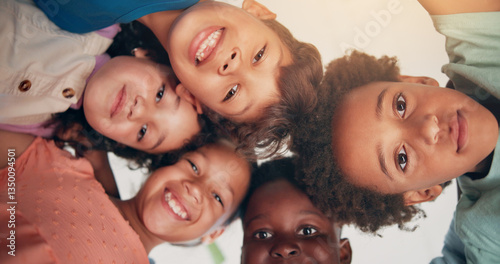 Children, friends and huddle with portrait in circle for youth community, solidarity or team building at school. Low angle, students or happy together at academy with support, connection or diversity