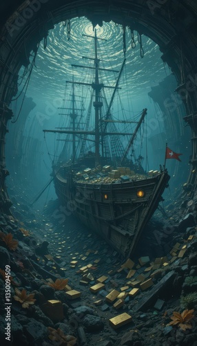 Wallpaper Mural Sunken Ship in an Underwater Cave Surrounded by Treasure Chests Torontodigital.ca