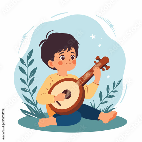 Child playing the banjo joyfully at home, a celebration of music