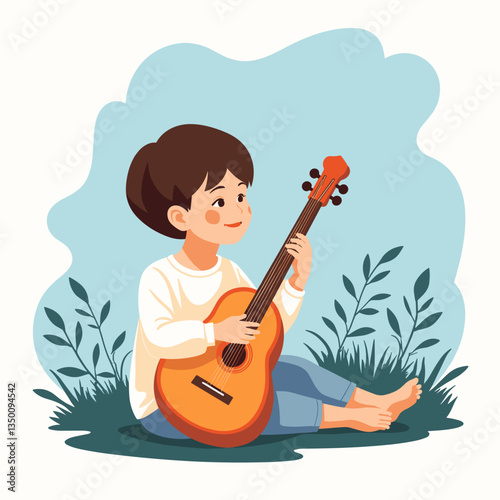 Musical creativity. A boy joyfully playing the baglama outdoors, nature's harmony