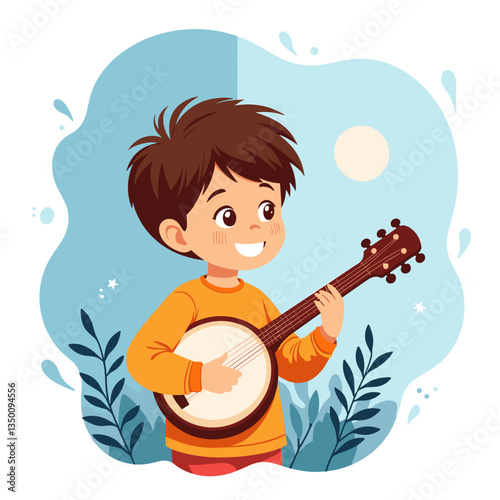 Child playing banjo with joy in a colorful illustration, creative expression